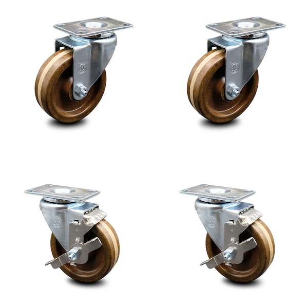 4 Inch High Temp Phenolic Wheel Swivel Top Plate Caster Set with 2 Brakes SCC